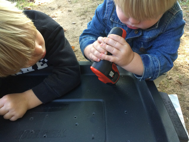 A small electric screwdriver (without a sharp drill bit!) is a great way for even the smallest helpers to get in on the tool fun safely.