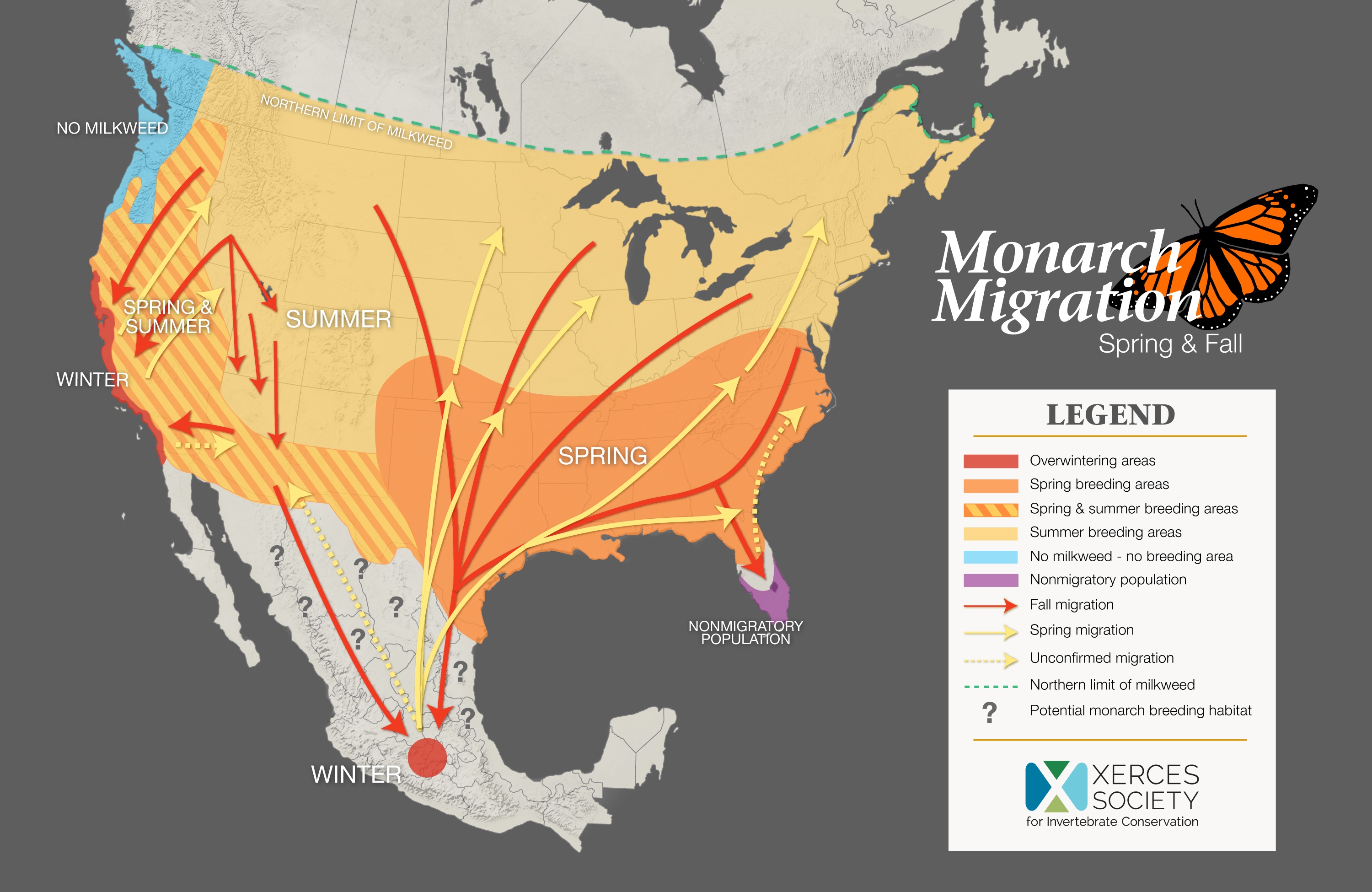 Map showing monarch migration in North America